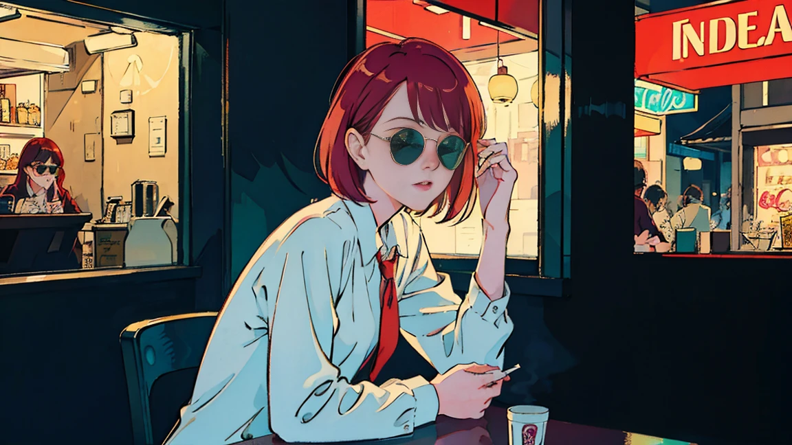 beautiful asian girl with red hair sitting in a diner at night, seen through a window, perfect face, sunglasses, smoking a white tailor made cigarette, NeonNoir, (backlit: 1.1), hard shadow, masterpiece, best quality, Intricate, modelshoot style, vintage, film grain, Incomplete details drive,citypop,cassettetape