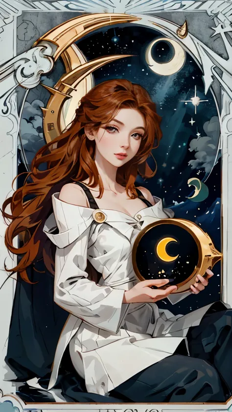 korean girls, ((shoulder-cut goddess dress)), tarot, the moon, ((holding a crescent moon)), moon queen, ((close range))