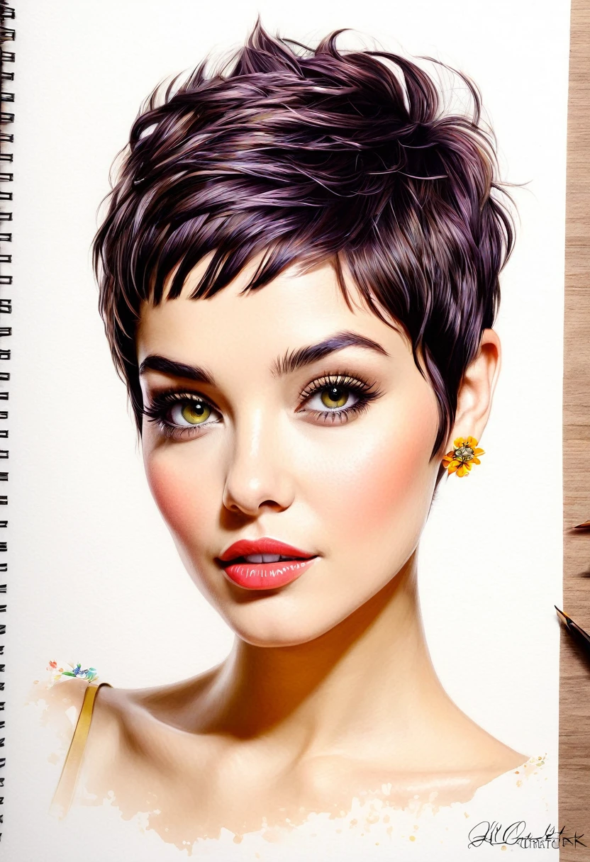 crea una mujer de pelo corto pixie, flores, obra maestra, estilo ilustracion de Ali Erturk, alto detalle, hiperrealista, luz natural,ilustracion , colores llamativos
