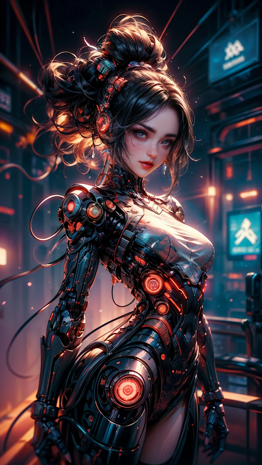 ((a beautiful cyberpunk girl wears a Harajuku Tech costume), (pink ink cyber glasses), with freckles, naughty tongue out, neon earrings, tattooed yakuza, self-disappearance, raytraced, wind, disheveled blue hair, cyberpunk city landscape, (aesthetics and atmosphere:1.2),smiling, Laugh，Wide plane, whole body, cybernetic extremities. (raw photo, Best Quality), (realist, photo-realist:1.3), Masterpiece, an extremely delicate and beautiful body, extremely detailed cyber tips, Best quality score, dynamic punk pose, middle body, close up, high view, fire particles and hard lights, chopped angle