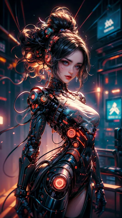 ((una hermosa chica cyberpunk viste un disfraz de Harajuku Tech), (lentes ciberneticos de tinta rosa), con pecas, lengua travies...