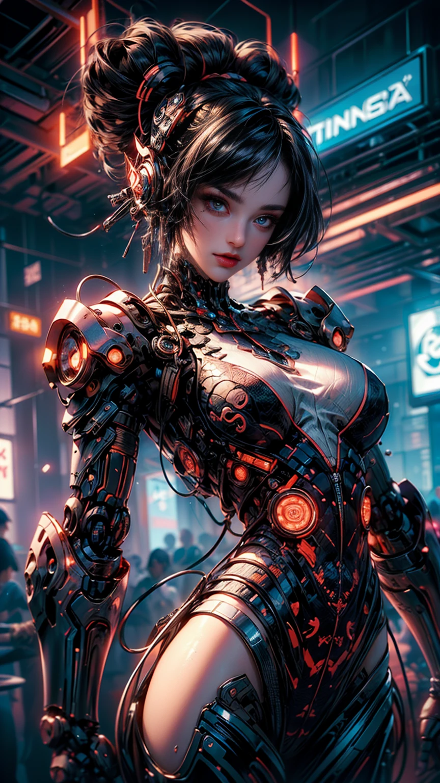 ((a beautiful cyberpunk girl wears a Harajuku Tech costume), (pink ink cyber glasses), with freckles, naughty tongue out, neon earrings, tattooed yakuza, self-disappearance, raytraced, wind, disheveled blue hair, cyberpunk city landscape, (aesthetics and atmosphere:1.2),smiling, Laugh，Wide plane, whole body, cybernetic extremities. (raw photo, Best Quality), (realist, photo-realist:1.3), Masterpiece, an extremely delicate and beautiful body, extremely detailed cyber tips, Best quality score, dynamic punk pose, middle body, close up, high view, fire particles and hard lights, chopped angle