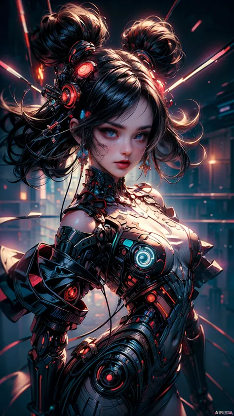 ((una hermosa chica cyberpunk viste un disfraz de Harajuku Tech), (lentes ciberneticos de tinta rosa), con pecas, lengua travies...