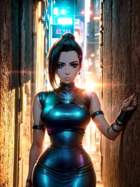 mulher de 25 anos, com vestido estilo cyberpunk, com fenda, em uma rua de dia a luz do sol. she&#39;s on a cyberpunk street. cor...