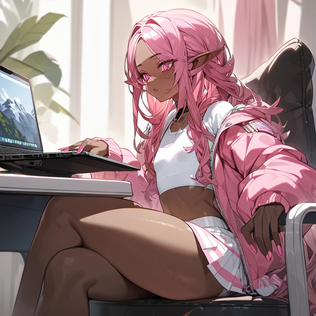 Best quality, highly detailed, ultra detailed, 1 very Dark brown skin boy, chocolate skin, flat chest, male chest, curvy body, long dreadslocks, pink dreadlocks, pink eyes, fleshtone and white french tip nails, pointy elf ears, lipgloss, wearing white croptop, pink short skirt, pink cropped jacket, sitting with laptop, bedroom background