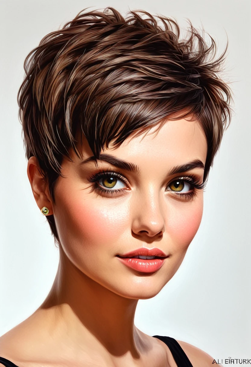 crie uma mulher de cabelo curto pixie, Obra-prima, estilo ilustração de Ali Erturk, alto detalhe, hiperrealista, luz natural,ilustração , Cores chamativas