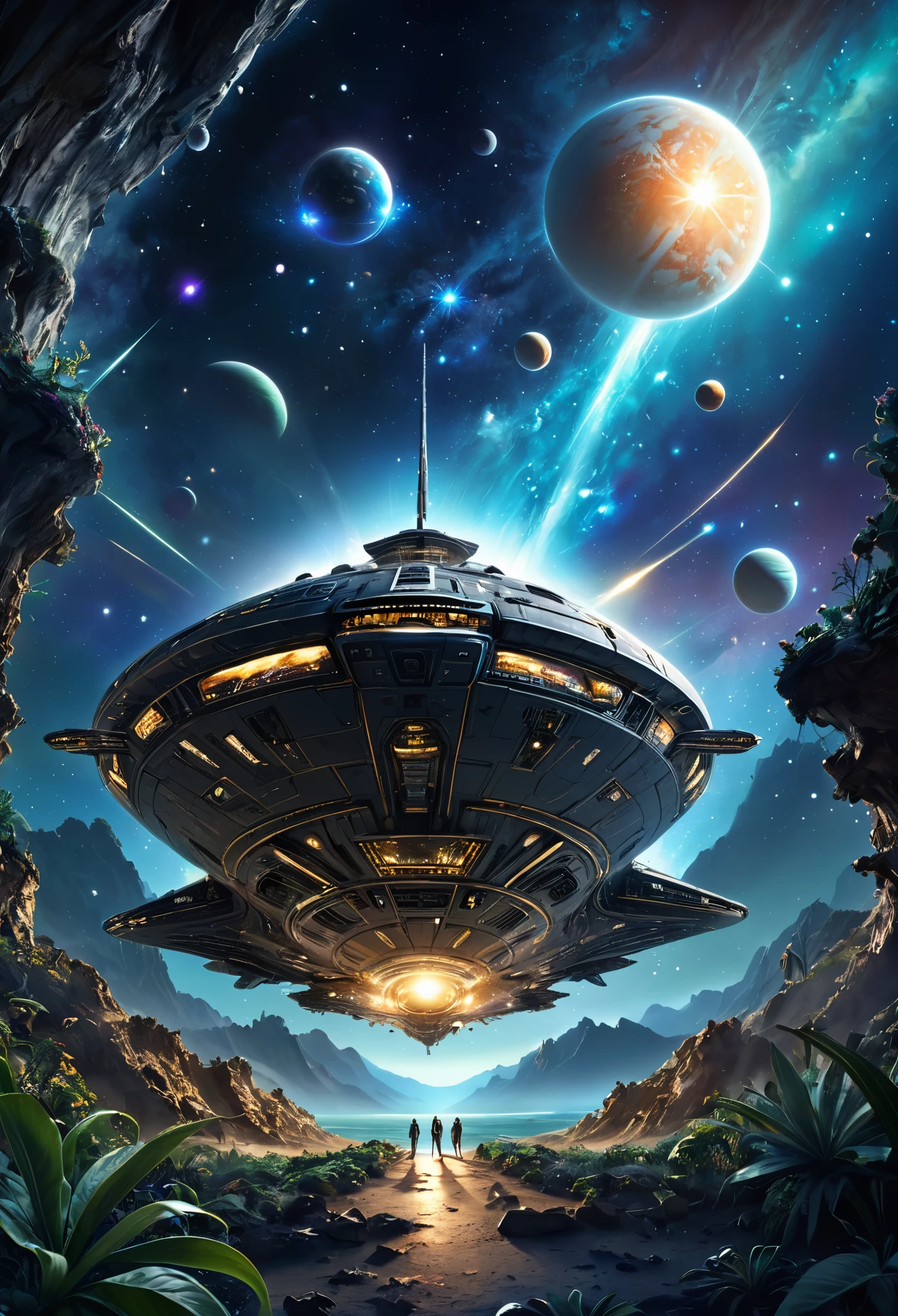 (best quality, 4k, ultra detailed, high resolution, masterpiece: 1.2),Imagine the inside of a partially destroyed bio-organic alien ship, with internal structures that look like a mix between technology and biological tissue. The scene is seen from an elevated and distant position, allowing you to see the colossal size of the environment and giving a feeling of immensity. Through the gaps in the ship, se puede ver el espacio exterior lleno de estrellas, con algunas luces brillantes y tenues que sugieren planetas o naves a lo lejos.