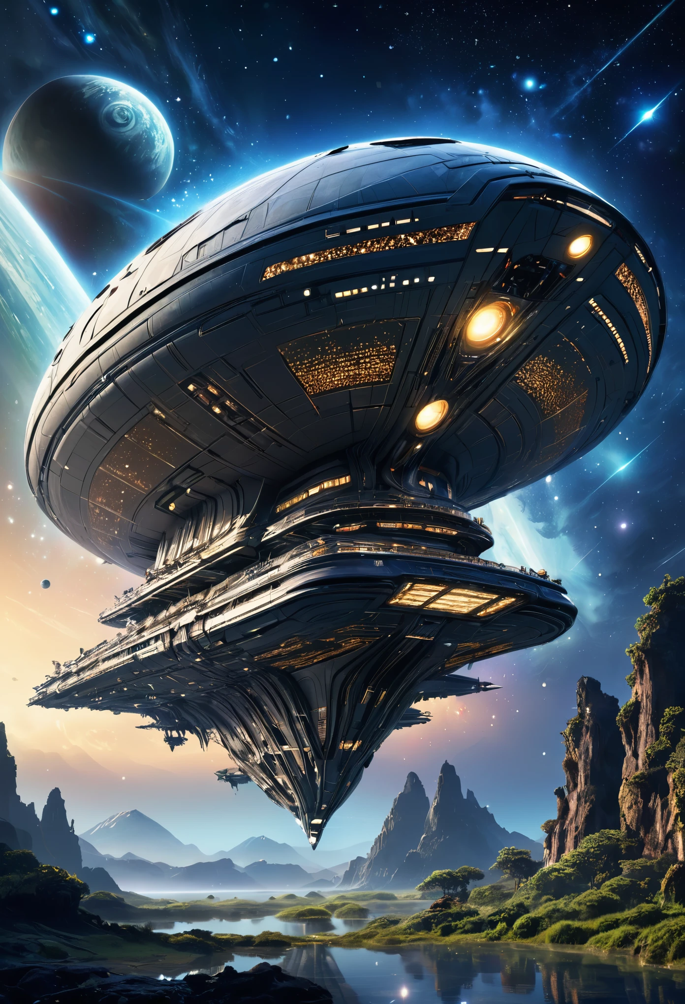 (best quality, 4k, ultra detailed, high resolution, masterpiece: 1.2),Imagine the inside of a partially destroyed bio-organic alien ship, with internal structures that look like a mix between technology and biological tissue. The scene is seen from an elevated and distant position, allowing you to see the colossal size of the environment and giving a feeling of immensity. Through the gaps in the ship, se puede ver el espacio exterior lleno de estrellas, con algunas luces brillantes y tenues que sugieren planetas o naves a lo lejos.