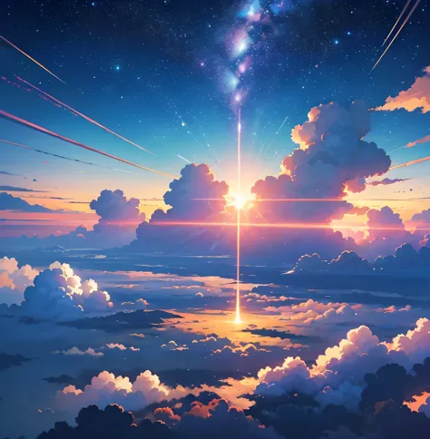 Galaxy Railroad with rails in the sky、The air train runs on rails、sea of clouds、Beautiful sky animation scene with stars and pla...