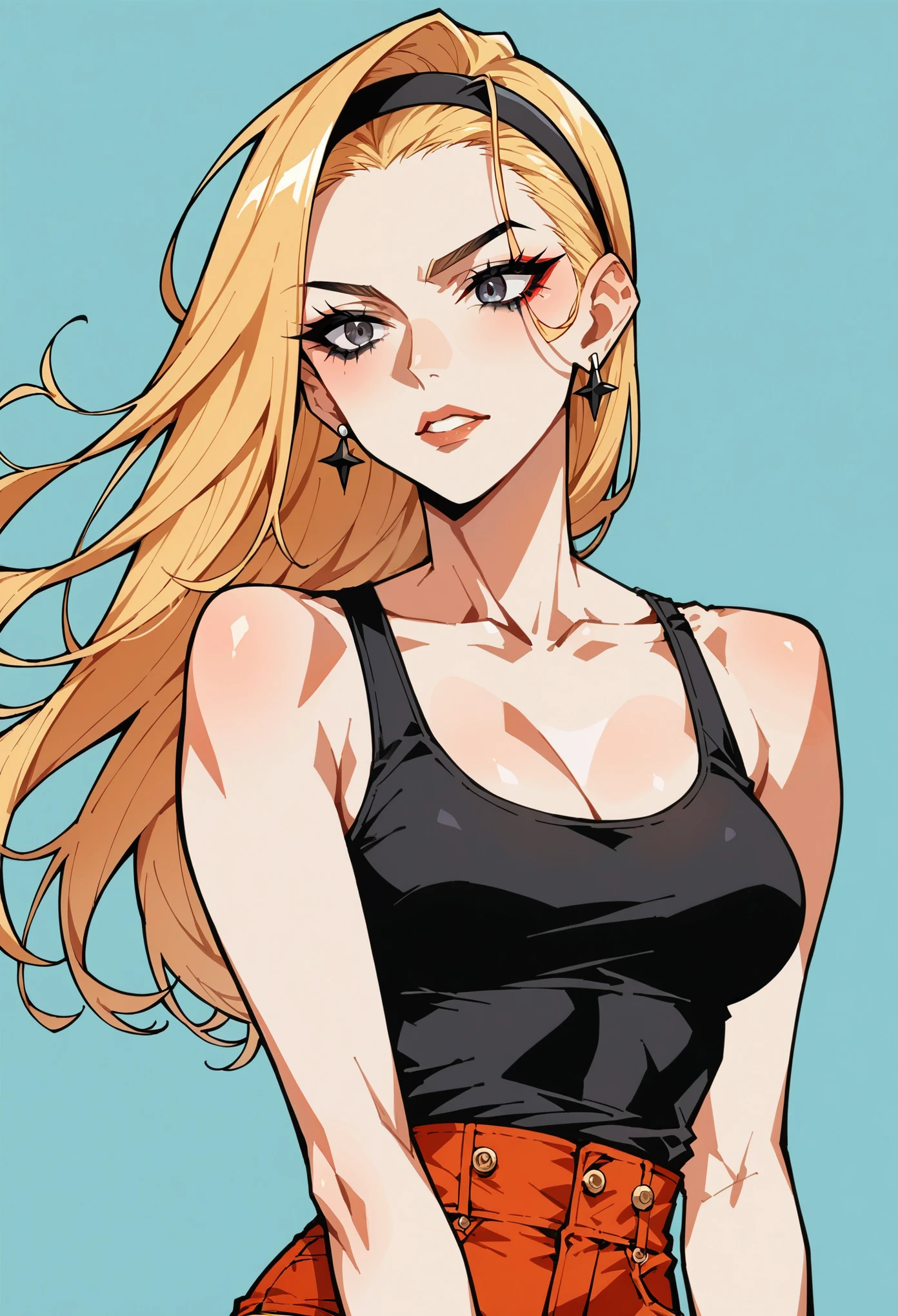Score_9, score_8_up, score_7_up, rating_safe, adult woman, tight black cami tank top:1.2, very pale skin, earrings, long blonde hair, hairband, black makeup, red shorts, source_anime