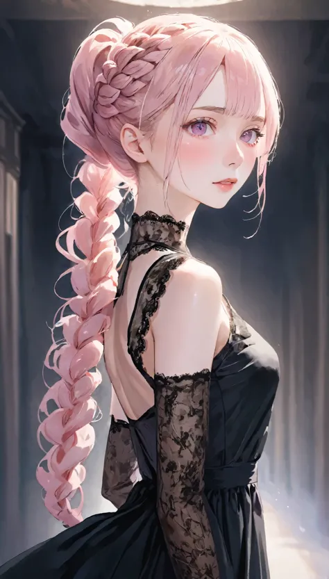 (((Blurred Background、Watercolor style background)))、One Girl、１６talent、anatomy、Pale pink eyes、Loosely braided low ponytail、Light...