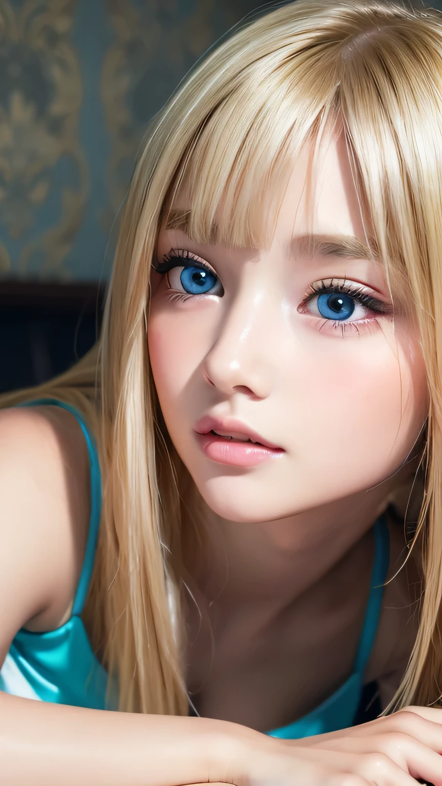 A very white and beautiful 16-year-old blonde girl、Mastepiece, Best Quality, Illustration, Ultra-detailed fine details, Natural platinum blonde with a natural shine、Super long straight silky hair、disheveled bangs above the eyes,、High resolution, 8K Denden Wallpaper, Perfect dynamic composition, Beautifully detailed large light blue eyes , Very big eyes、of hotel(Bed), Sexy face,A face in ecstasy,Lying down、Small Face Girl、Round face