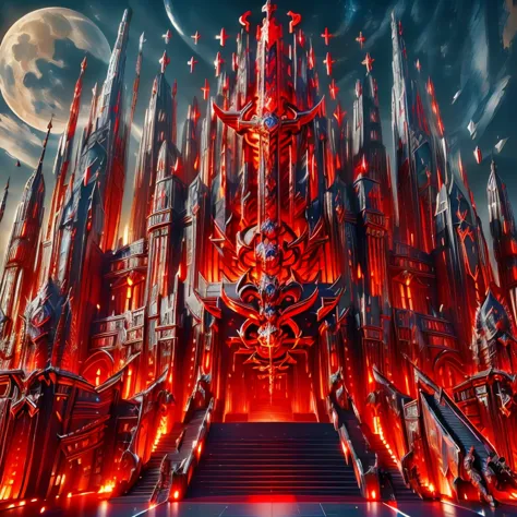 ((best quality)), ((masterpiece)), (detailed), palacess, 3d render, cyberpunked palace skycraper fortress,holy swords themed dec...