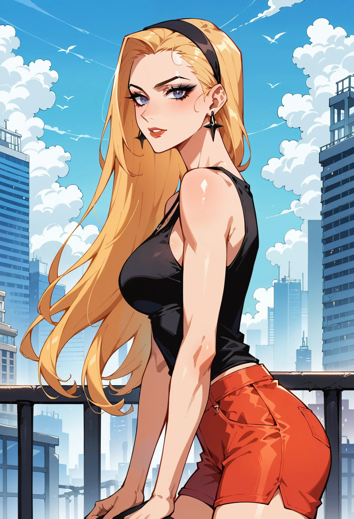 Score_9, score_8_up, score_7_up, rating_safe, adult woman, tight black cami tank top:1.2, very pale skin, earrings, long blonde hair, hairband, black makeup, red shorts, source_anime, city background, looking at viewer, grinning