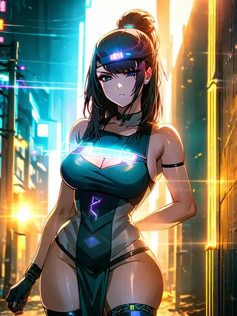 mulher de 25 anos, com vestido estilo cyberpunk, com fenda, em uma rua de dia a luz do sol. she&#39;s on a cyberpunk street. cor...