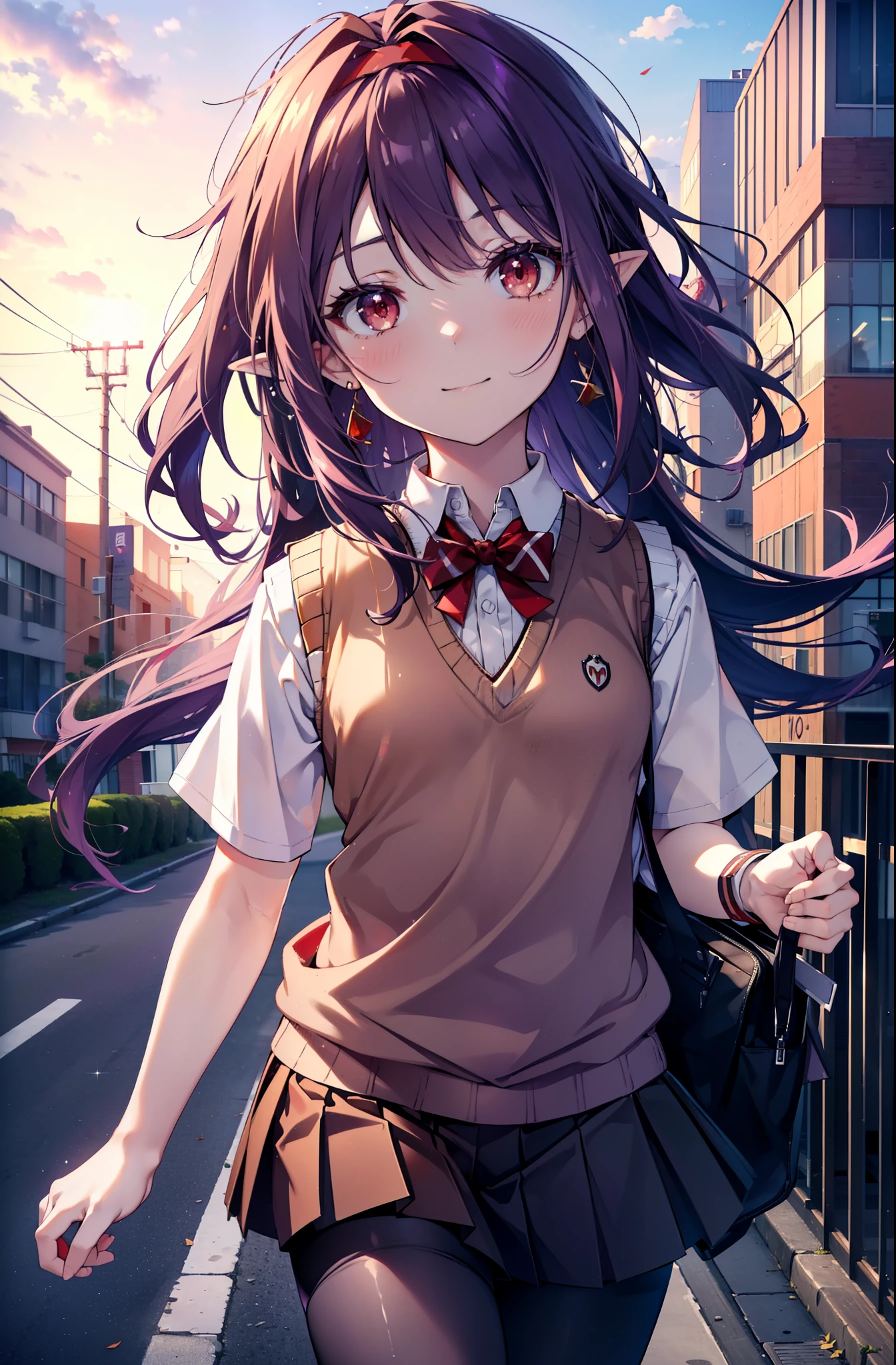 yuukikonno, Yuki Konno, hair band, Long Hair, Pointy Ears, Purple Hair, (Red eyes:1.5), (Small breasts:1.2), smile,White Y-shirt,Sweater vest, (Purple sweater vest:1.5),,Short sleeve,Purple pleated skirt,black tights,Brown Loafers,Toast in the mouth, running, City Street,morning,Morning Day,sunrise,A girl running,
BREAK looking at viewer, Upper Body, whole body,
BREAK outdoors, Residential area crowd, people々々,
BREAK (masterpiece:1.2), highest quality, High resolution, unity 8k wallpaper, (shape:0.8), (Fine and beautiful eyes:1.6), Highly detailed face, Perfect lighting, Highly detailed CG, (Perfect hands, Perfect Anatomy),