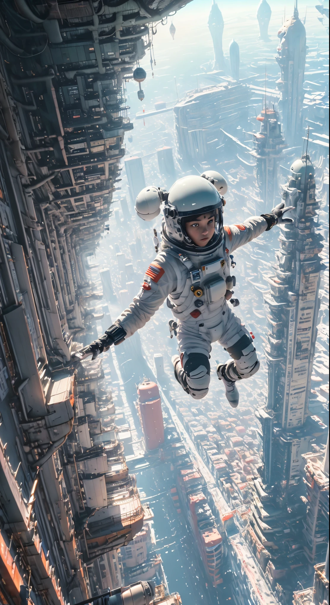 (best quality, 4k, ultra detailed, high resolution, masterpiece: 1.2),Personaje a la Distancia: Hay un personaje visto desde lejos, located at a high observation point. It is small compared to the surroundings, resaltando la magnitud de la nave. The character is equipped with a space suit, with flashing lights and mechanical details.
Vista del Espacio Exterior: Through the openings in the ship, se ve un vasto espacio estrellado. The stars are unevenly distributed, creating variable densities and suggesting the remoteness of some celestial objects.
