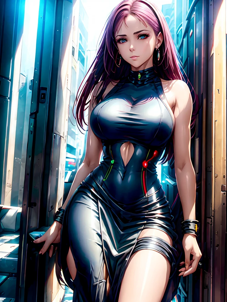 Mulher de 25 anos, com vestido estilo cyberpunk, com fenda, em uma rua de dia a luz do sol. Ela&#39;está em uma rua cyberpunk. Corpo inteiro.
