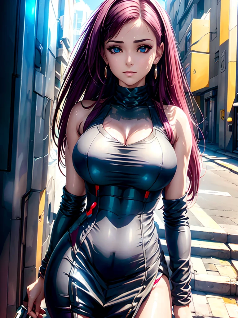 25 year old female, with cyberpunk style dress, With slot, on a daytime street in sunlight. She&#39;s on a cyberpunk street. fully body.

