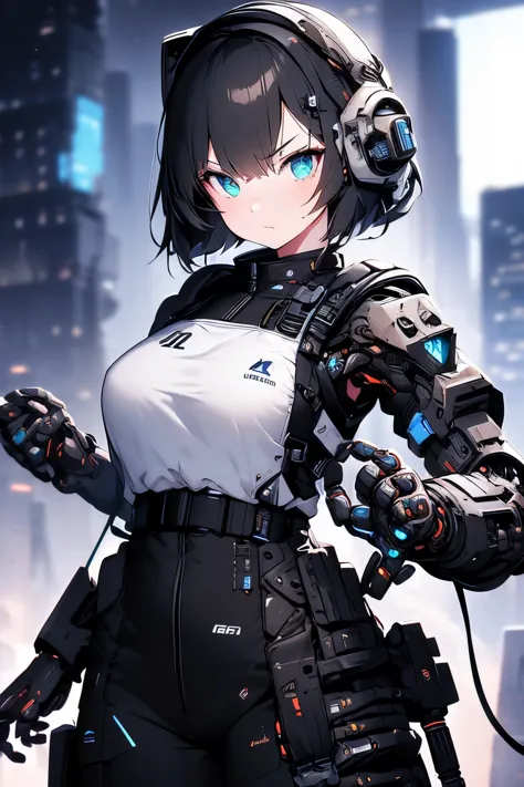 Ultra detailed,  girl serious face,  Robotic Hands , fully robotic  , soldier girl. Cyberpunk  , leds . Hands mechanical. 