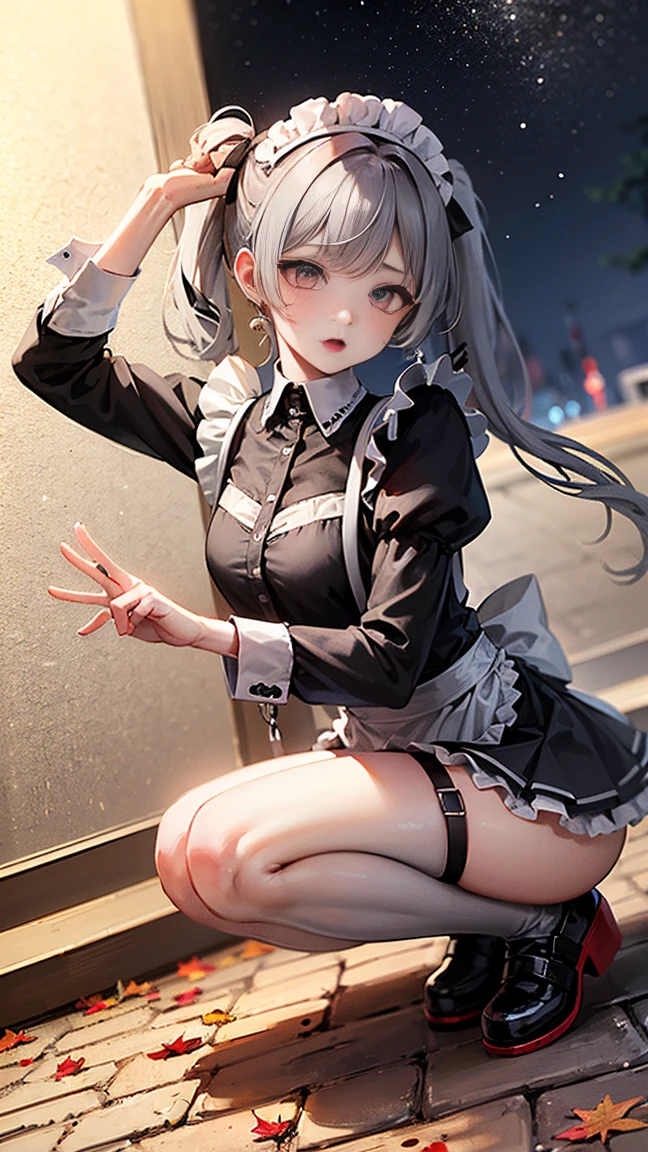 (BESTquality:1.2),(Super Resolution),(Cute Women),(Frilled Skirt),(Thin suspenders),(garter belt),(White knee socks),(DOUBLE hand behind head:1.3),(Photo session with dynamic poses with legs spread wide),(Maid Idol:1.3),(Public broadcast of squats:1.5),(Short hair),,(PINK Panties:1.2)　,(Skirt lift:1.2),(Fall and fall backwards:1.3),((Falling with legs wide open:1.3)),(Live broadcast in the park at night:1.3),(Full body:1.2),(lowangle:1.3),(Dynamic pose:1.3)　　　　　　　　　　,(Slim body:1.3),(High twin tail hair:1.5),(｛　Elbe (:1.3　　｝)