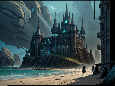 there is a large building on the beach with a flying object, inspired victorian sci - fi, in a castle on an alien planet, extrav...