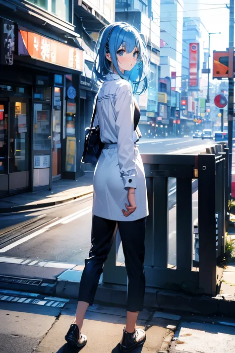 The background is Shibuya,Isometric image of a slender girl with blue hair and blue eyes, similar to Amano Hina, looking back cu...