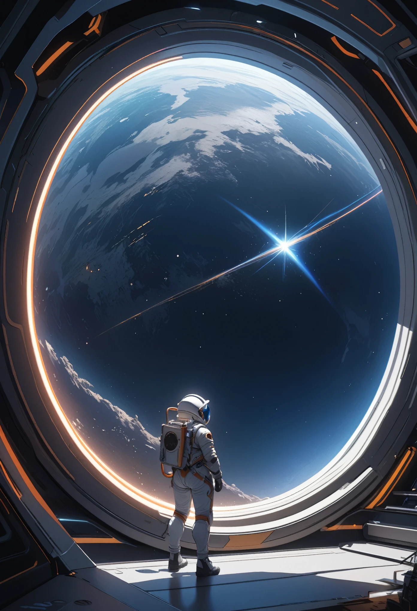 (best quality, 4k, ultra detailed, high resolution, masterpiece: 1.2),Personaje a la Distancia: Hay un personaje visto desde lejos, located at a high observation point. It is small compared to the surroundings, resaltando la magnitud de la nave. The character is equipped with a space suit, with flashing lights and mechanical details.
Vista del Espacio Exterior: Through the openings in the ship, se ve un vasto espacio estrellado. The stars are unevenly distributed, creating variable densities and suggesting the remoteness of some celestial objects.