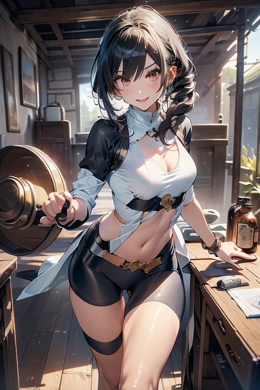 (fantasy:1.5),(anime,8k,masterpiece, top quality, best quality,beautiful and aesthetic:1.2,professional illustrasion:1.1,ultra detail:1.3,perfect lighting),extremely detailed,highest detailed,incredibly absurdres , highres, ultra detailed,intricate:1.6,(Alchemy Workshop:1.4),A girl mixing,Medicine in many small bottles,holding small potion,colorful:1.4,zentangle,(1girl),(girl),(Three kingdoms female warload),(highly detailed beautiful face and eyes,firm breasts),oily skin,((black,hair,short bob with short pony tail hair)),thin pubic hair,cute,lovely,34 years old,alchemist costume,Merchant's Clothing,smile,in the kitchen,smile,seductive weak smiling,(with sparkling eyes and a contagious smile),open mouth, Looking at Viewer,
