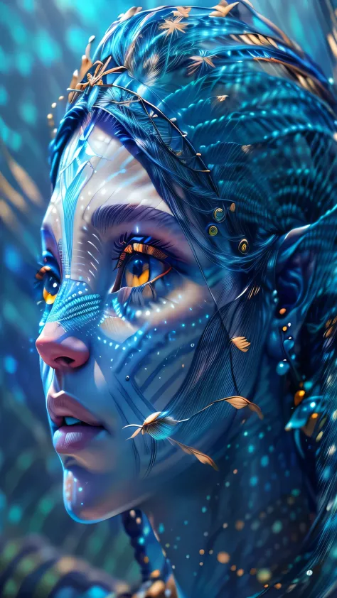 fashion photography portrait of blue human avatar, in blue sea with fish, 3d render, cgi, symetrical, octane render, 35mm, bokeh...