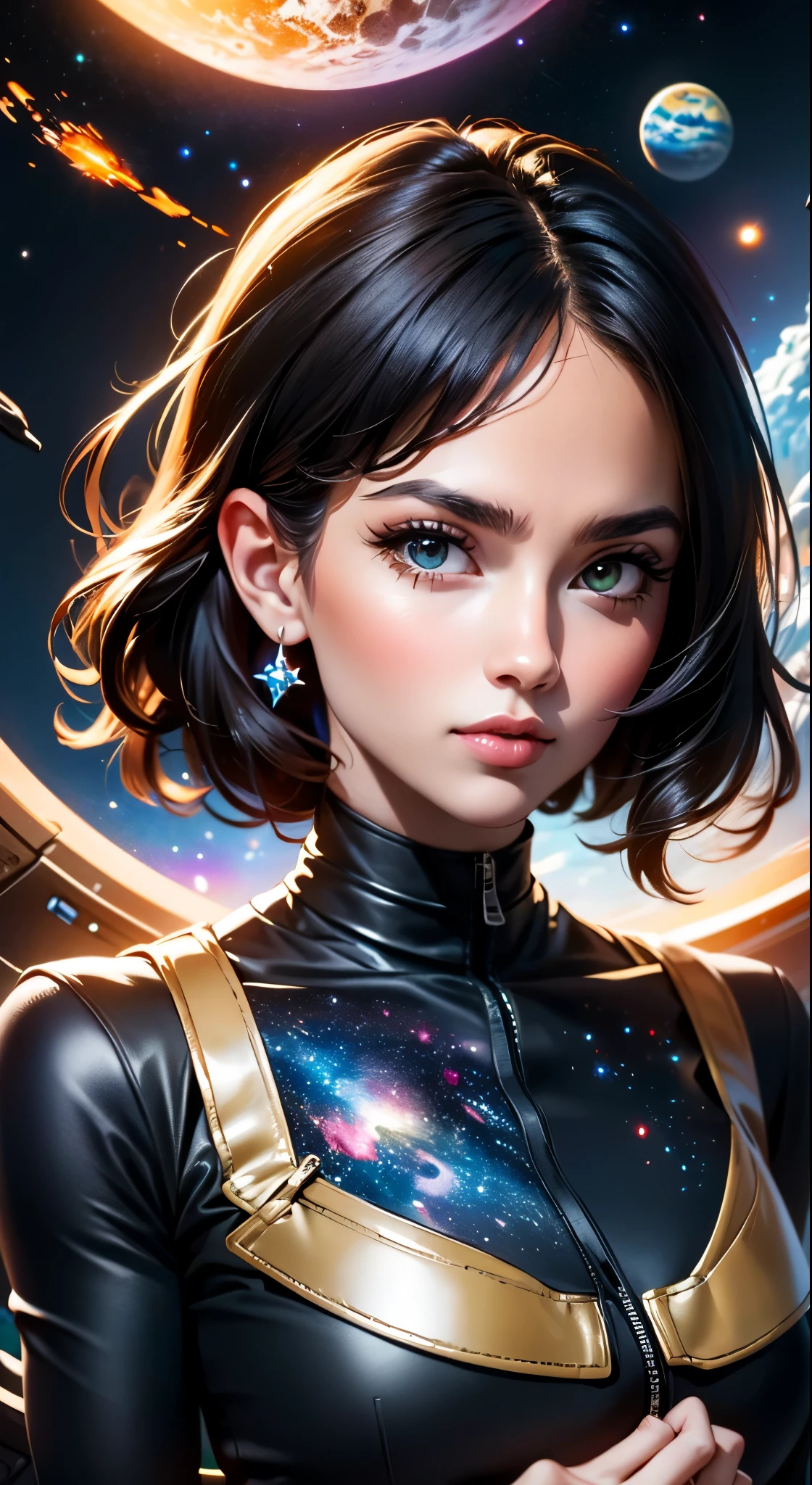 estilo niji,RFKTR_tecnotrex,mulher explorando planetas, mundos alienígenas, locais exóticos, espaço profundo,terrores desconhecidos, galáctico, nebulas,estrelas,fcRetrato