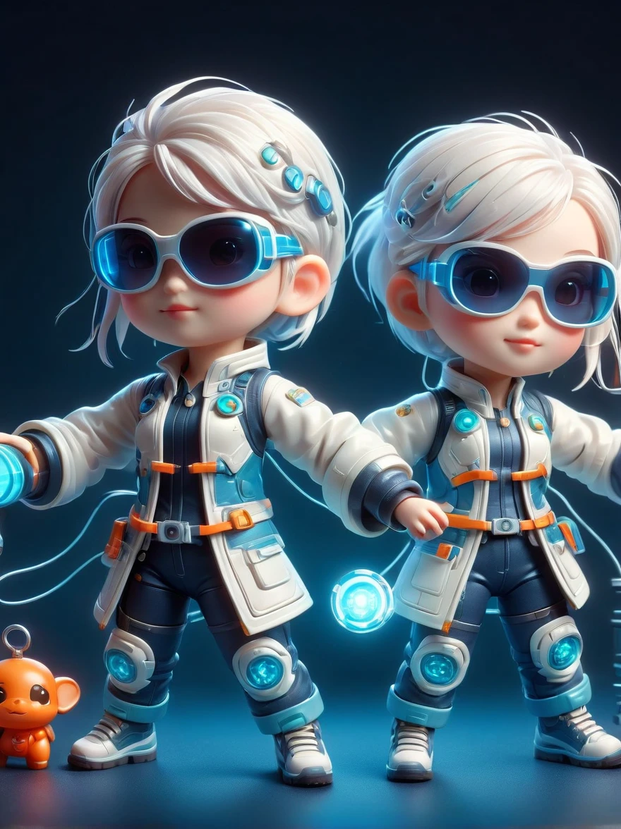 blind box,plastic toy,3D tous,IP model,A cute little girl of the world, white hair, tech goggles, a holo-glowing translucent jacket, Time travel device,a lot of decoration, precision mechanical parts, glossy materials, futuristic, cyberpunk,Pixar,resin material,full body,full Shot,Simple background,display lighting,volumetric lighting,3d,c4d,oc render,volume rendering,extremely detailed details,HDR,8K Resoulution