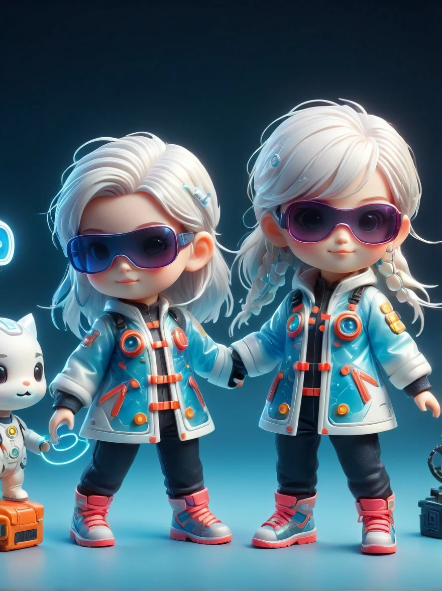 blind box,plastic toy,3D tous,IP model,A cute little girl of the world, white hair, tech goggles, a holo-glowing translucent jacket, Time travel device,a lot of decoration, precision mechanical parts, glossy materials, futuristic, cyberpunk,Pixar,resin material,full body,full Shot,Simple background,display lighting,volumetric lighting,3d,c4d,oc render,volume rendering,extremely detailed details,HDR,8K Resoulution