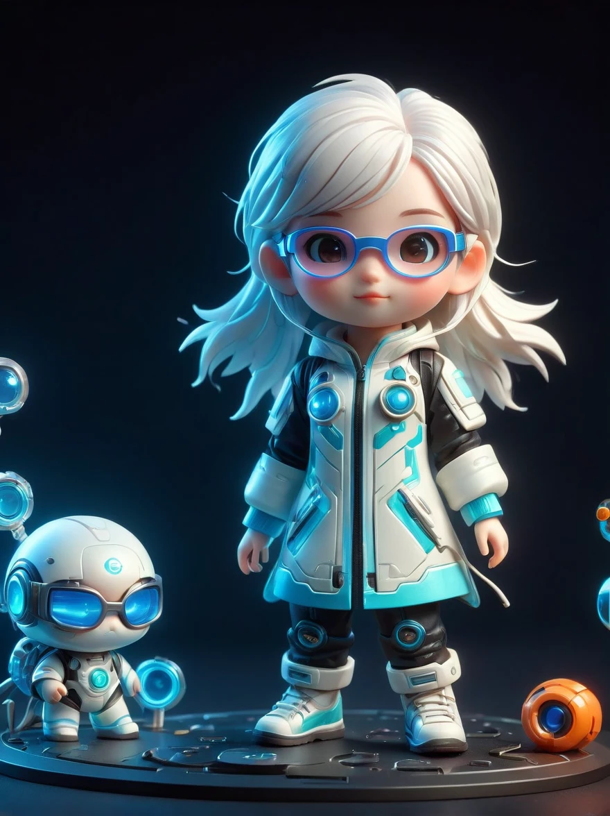 blind box,plastic toy,3D tous,IP model,A cute little girl of the world, white hair, tech goggles, a holo-glowing translucent jacket, Time travel device,a lot of decoration, precision mechanical parts, glossy materials, futuristic, cyberpunk,Pixar,resin material,full body,full Shot,Simple background,display lighting,volumetric lighting,3d,c4d,oc render,volume rendering,extremely detailed details,HDR,8K Resoulution