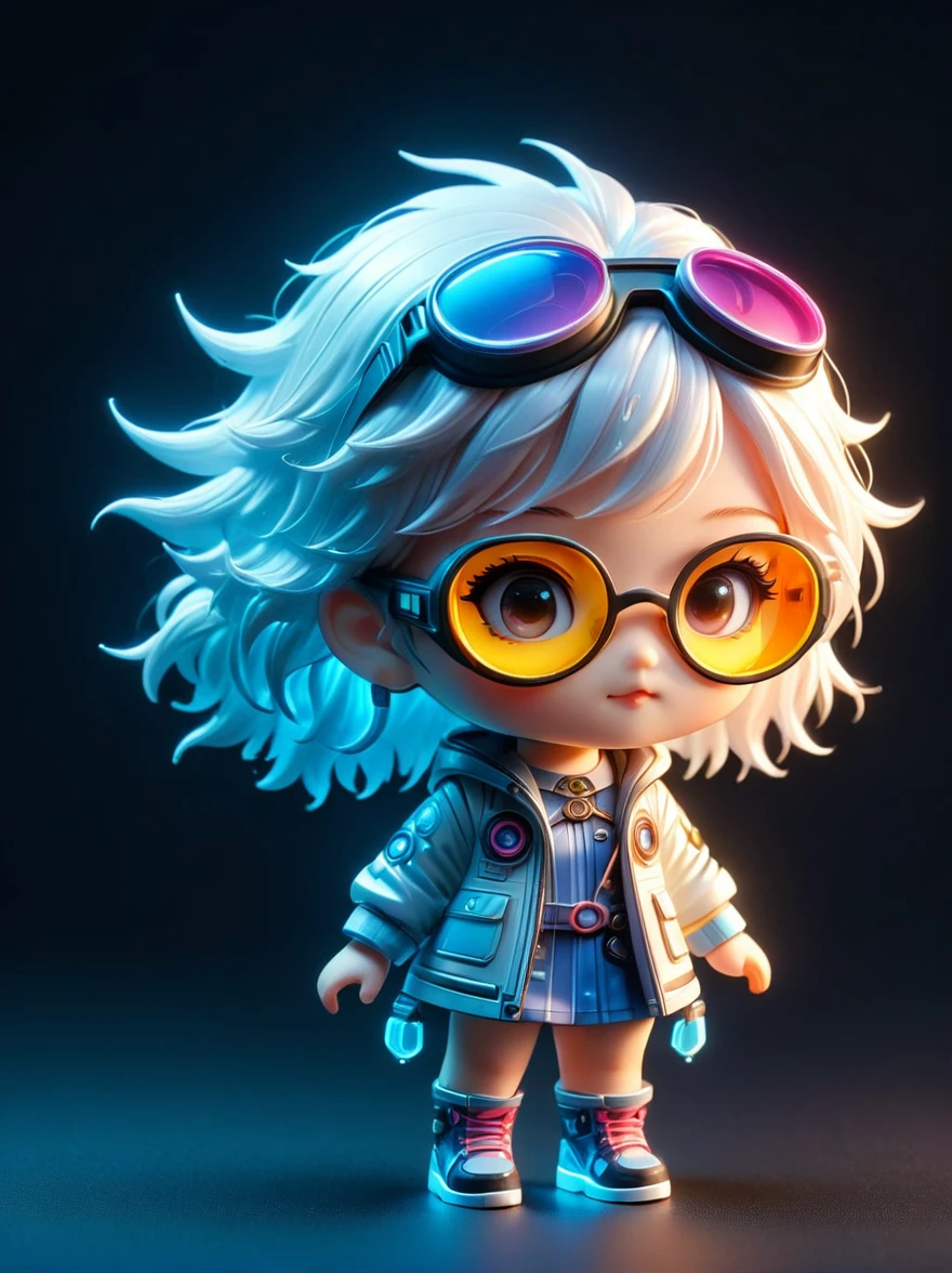 blind box,plastic toy,3D tous,IP model,A cute little girl of the world, white hair, tech goggles, a holo-glowing translucent jacket, Time travel device,a lot of decoration, precision mechanical parts, glossy materials, futuristic, cyberpunk,Pixar,resin material,full body,full Shot,Simple background,display lighting,volumetric lighting,3d,c4d,oc render,volume rendering,extremely detailed details,HDR,8K Resoulution