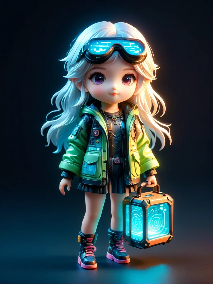 blind box,plastic toy,3D tous,IP model,A cute little girl of the world, white hair, tech goggles, a holo-glowing translucent jacket, Time travel device,a lot of decoration, precision mechanical parts, glossy materials, futuristic, cyberpunk,Pixar,resin material,full body,full Shot,Simple background,display lighting,volumetric lighting,3d,c4d,oc render,volume rendering,extremely detailed details,HDR,8K Resoulution