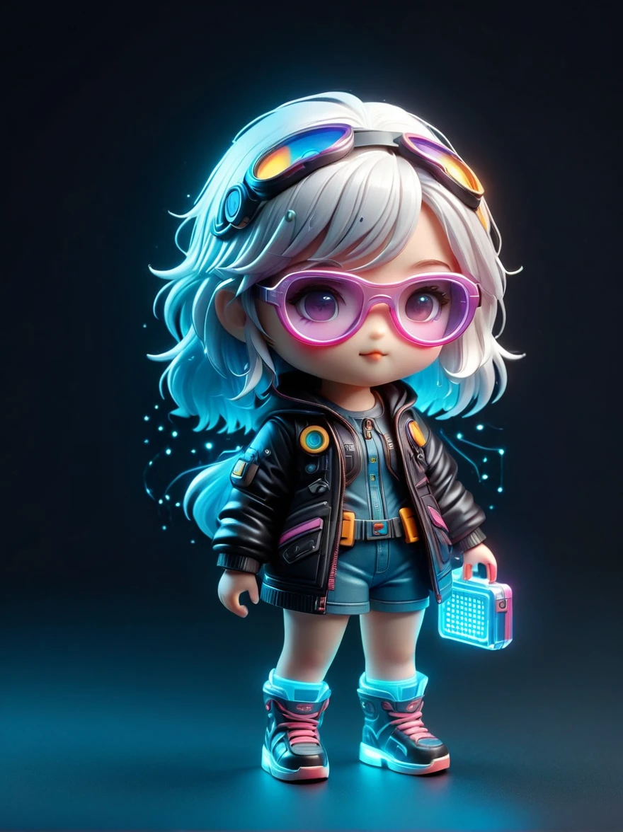 blind box,plastic toy,3D tous,IP model,A cute little girl of the world, white hair, tech goggles, a holo-glowing translucent jacket, Time travel device,a lot of decoration, precision mechanical parts, glossy materials, futuristic, cyberpunk,Pixar,resin material,full body,full Shot,Simple background,display lighting,volumetric lighting,3d,c4d,oc render,volume rendering,extremely detailed details,HDR,8K Resoulution