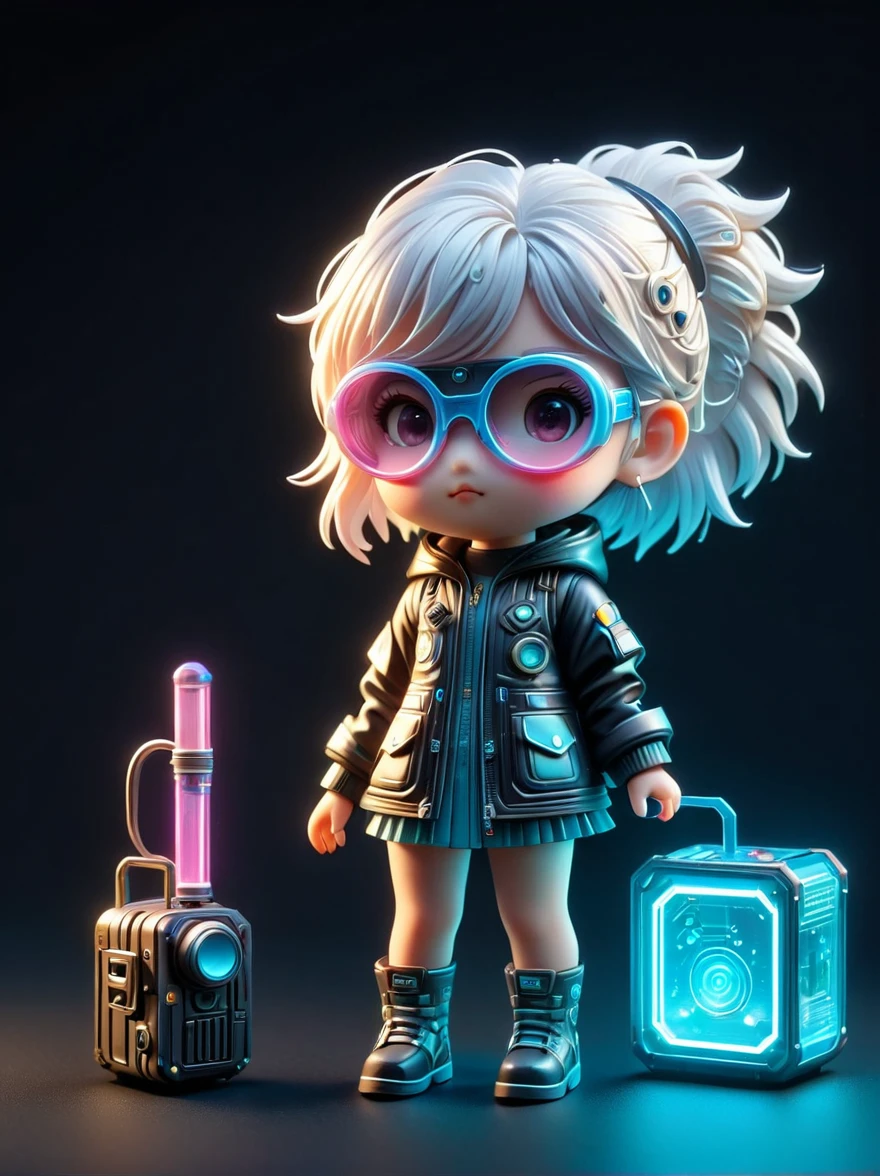 blind box,plastic toy,3D tous,IP model,A cute little girl of the world, white hair, tech goggles, a holo-glowing translucent jacket, Time travel device,a lot of decoration, precision mechanical parts, glossy materials, futuristic, cyberpunk,Pixar,resin material,full body,full Shot,Simple background,display lighting,volumetric lighting,3d,c4d,oc render,volume rendering,extremely detailed details,HDR,8K Resoulution