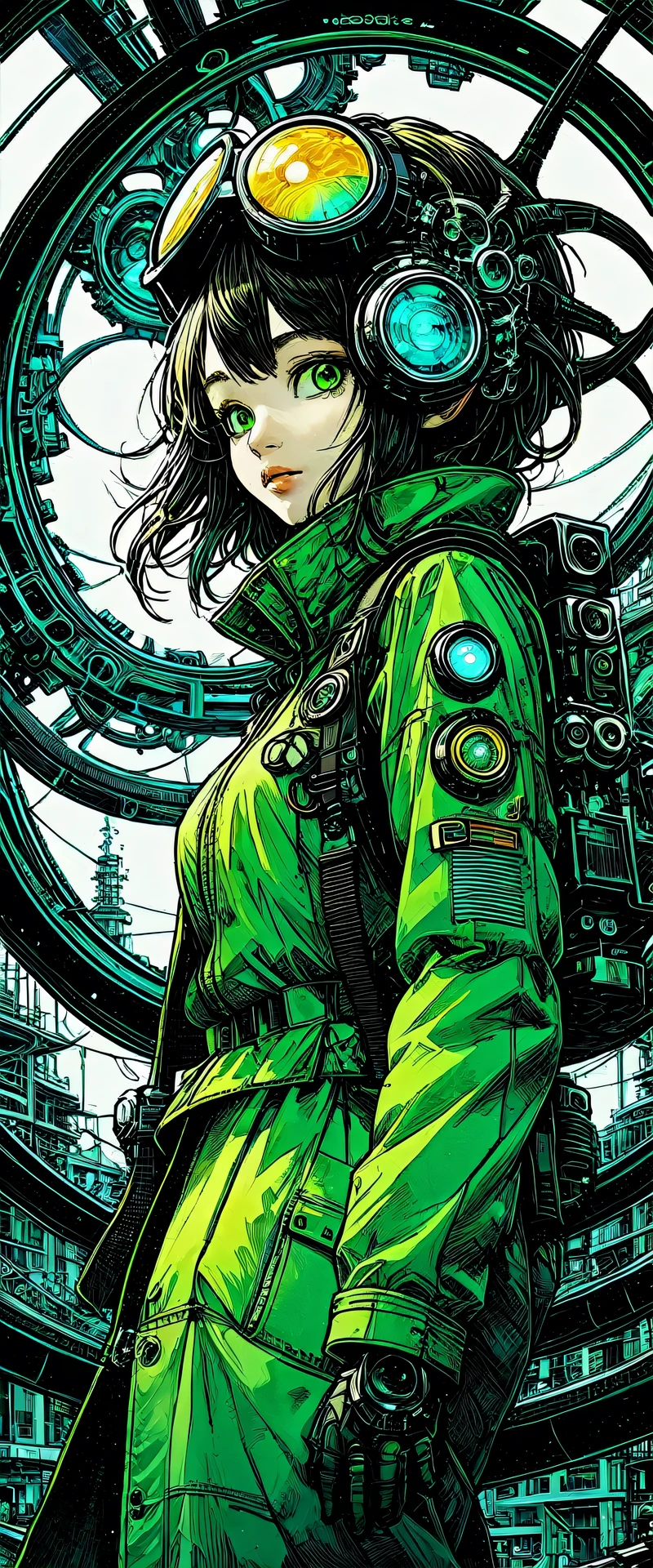 (best quality,32K,HD,4x ultra-sharp,high-res,professional),cinematic,fisheye photo,1 beautiful girl in technical clothing,mechanical spider,circles,fractals,(black contour art) by Yoshitaka Amano,Travis Charest. colores, tierra, cian, amarillo, verde.