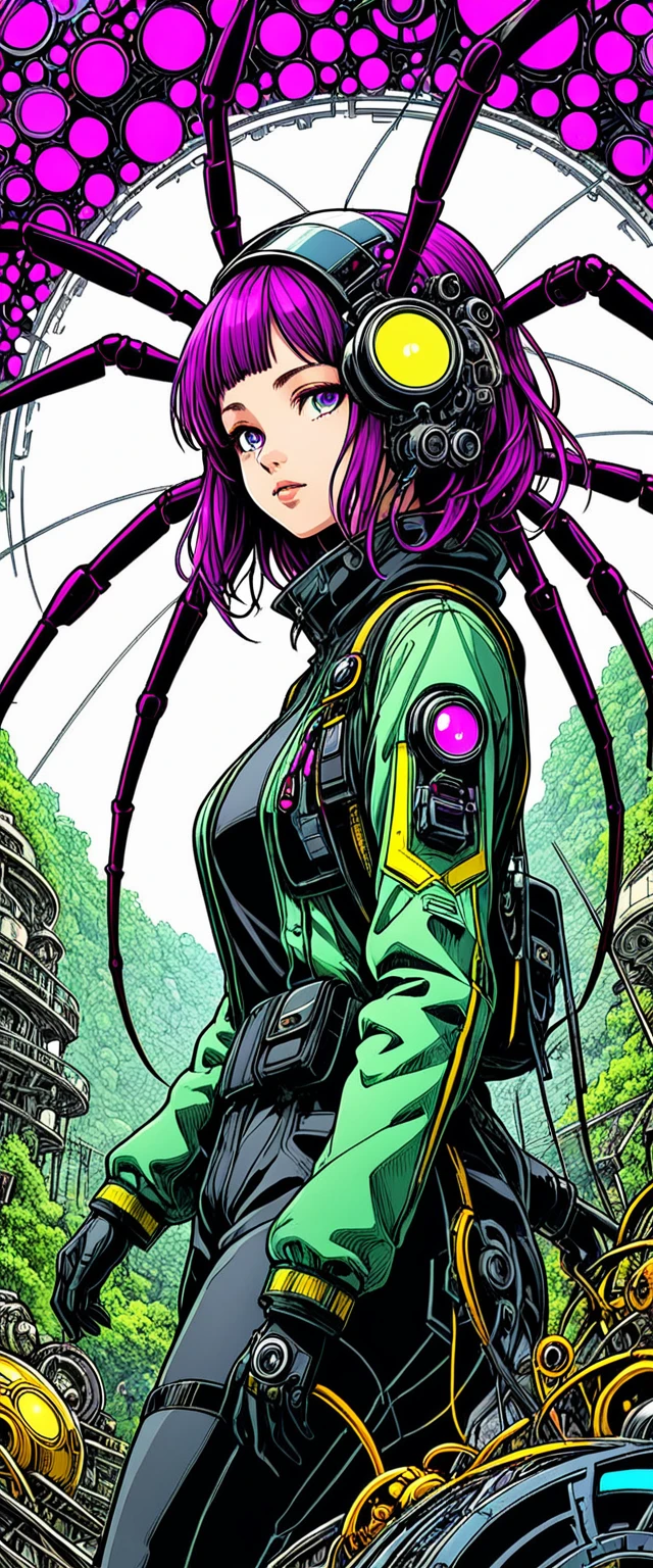 (best quality,32K,HD,4x ultra-sharp,high-res,professional),cinematic,fisheye photo,1 beautiful girl in technical clothing,mechanical spider,circles,fractals,(black contour art) by Yoshitaka Amano,Travis Charest. colores, tierra, cian, amarillo, verde. magenta, violeta