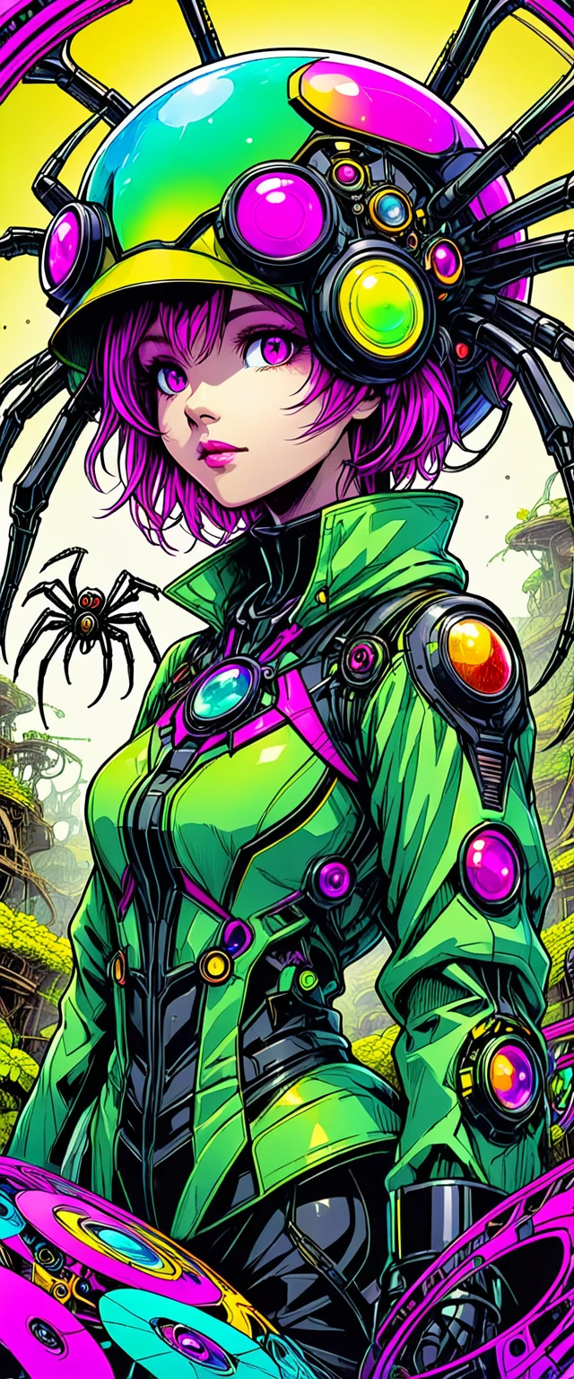 (best quality,32K,HD,4x ultra-sharp,high-res,professional),cinematic,fisheye photo,1 beautiful girl in technical clothing,mechanical spider,circles,fractals,(black contour art) by Yoshitaka Amano,Travis Charest. colores, tierra, cian, amarillo, verde. magenta, violeta