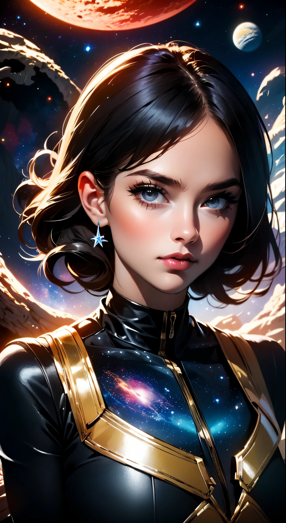 nijistyle,rfktr_technotrex,woman exploring planets, alien worlds, exotic locations, deep space,unkown terrors, galactic, nebulas,stars,fcPortrait