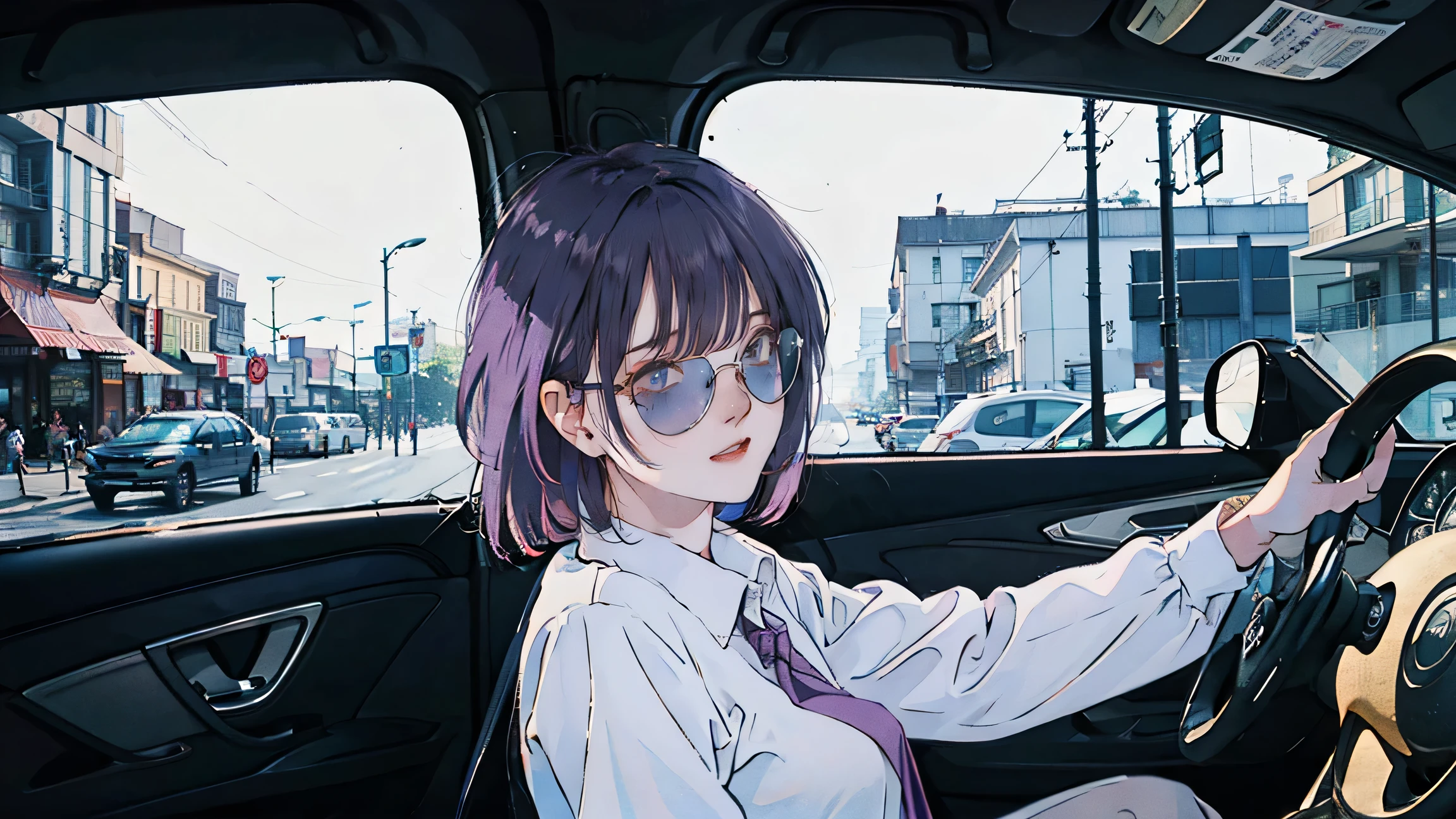 car、Inside the car、driving seat、Beautiful Asian girl with purple hair, View of the city from the window, Perfect Face, sunglasses, No sleeve, Neon Black, (Backlight: 1.1), Hard Shadows, masterpiece, highest quality, Complex, Model shooting style, Vintage, Film Grain, Incomplete details