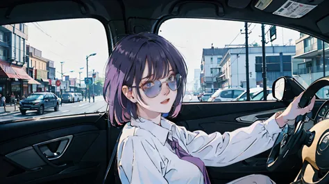 car、Inside the car、driving seat、Beautiful Asian girl with purple hair, View of the city from the window, Perfect Face, sunglasse...