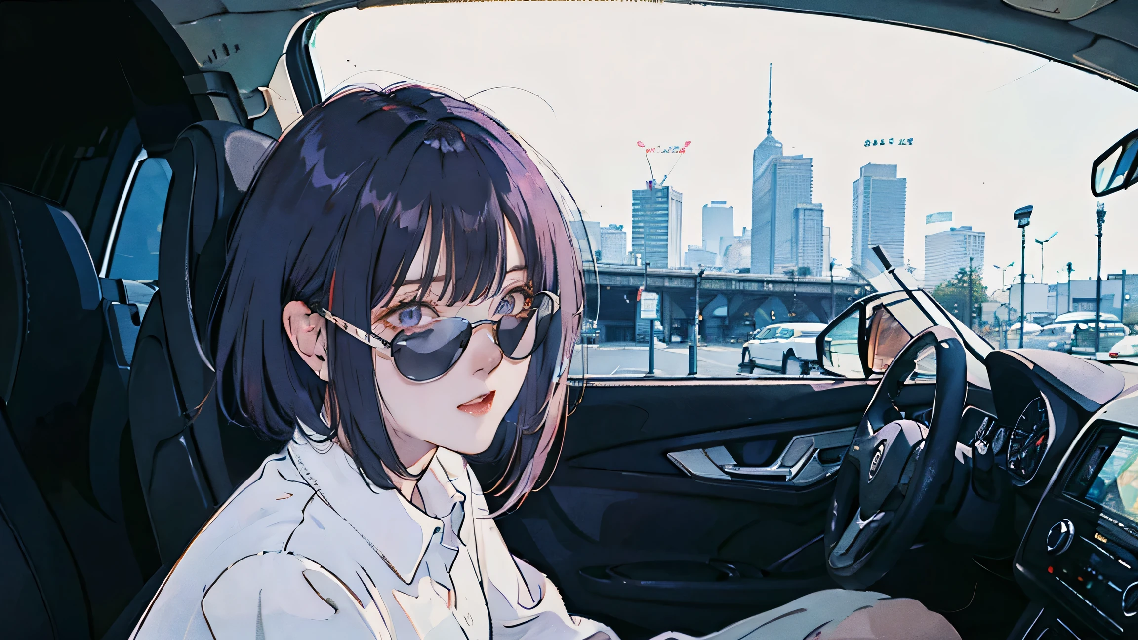 car、Inside the car、driving seat、Beautiful Asian girl with purple hair, View of the city from the window, Perfect Face, sunglasses, No sleeve, Neon Black, (Backlight: 1.1), Hard Shadows, masterpiece, highest quality, Complex, Model shooting style, Vintage, Film Grain, Incomplete details