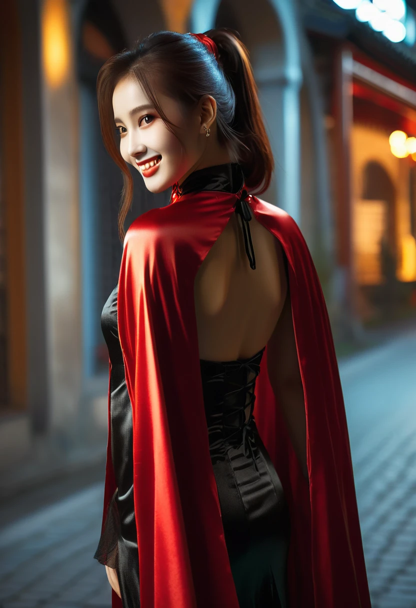 Vampyfangs1 , (RAW photo) , 1girl, Chinese cute, 20 years old, long hair in ponytail, smiling, look at viewer, ((((silver and red lined satin cape tied at the neck)))+++, side spilt skirt , photo, realistic, best quality, hires, detailed face, detailed background, diffused lighting, depth of field, bokeh