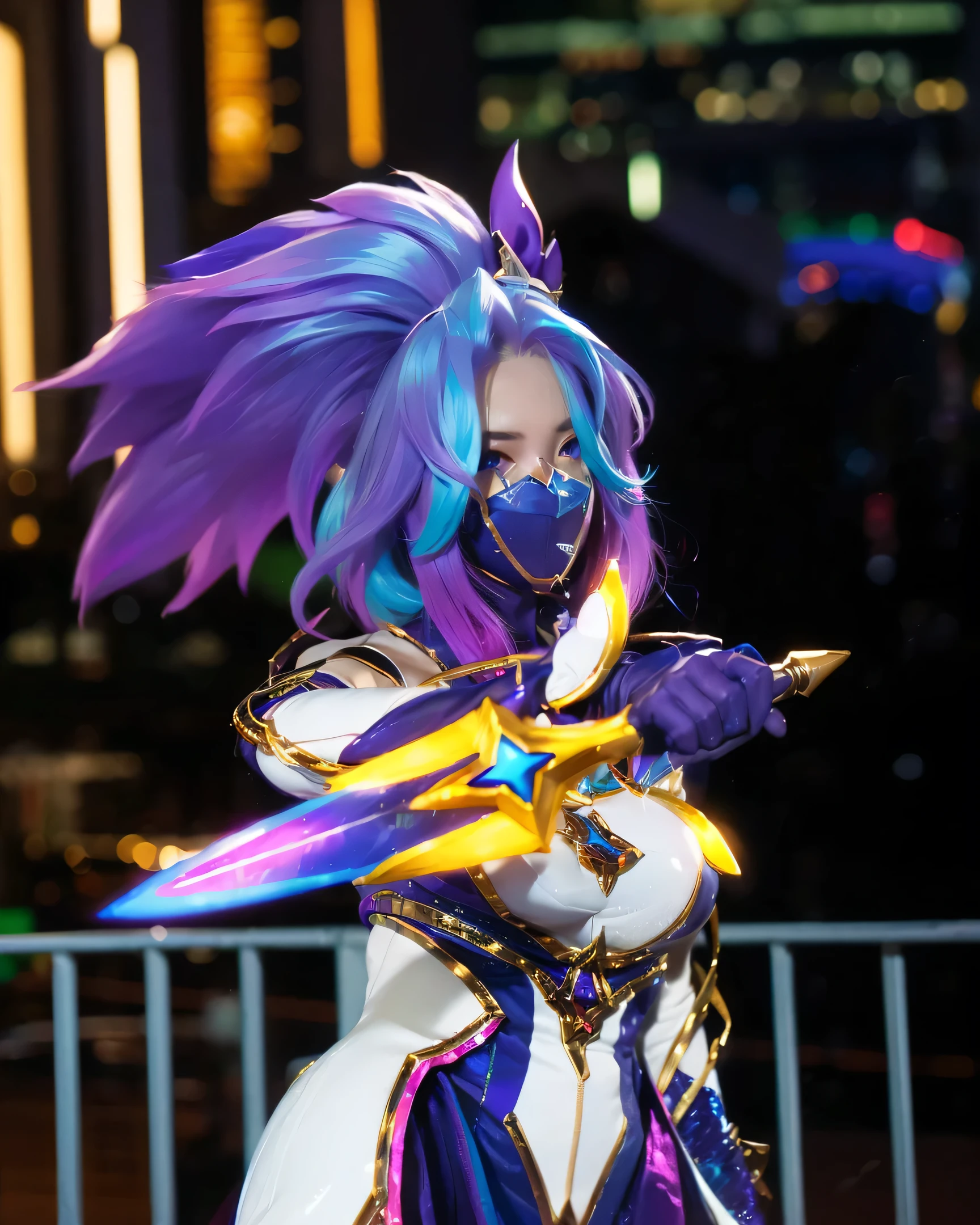 (STAR GUARDIAN_AKALI_LEAGUE OF LEG ENDS),((realistic, photorealistic)),(highlight hair)), Light reflection, (( HD )),((upper body)), (((best quality, masterpiece))), (masterpiece) (best quality) (detail) (8k) (HDR) (wallpaper) (cinematic lighting) (sharp focuasterpiece, best quality: 1.1), Real life adaption of this character, Asian teen beauty face, Shining Purple eyes, realistic outfit, realistic shadow, realistic light, realism, hyper realistic, realistic background,Purple mask on the mouth,(photorealistic:1.2), 1girl,Night city Background, city buildings, glittering night, cyberpunk,glow effect,