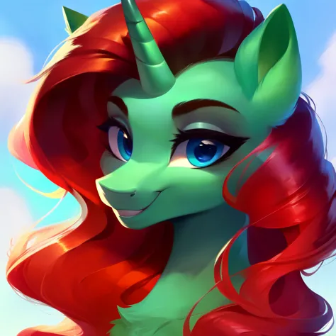 score_9, shiny dial, rating_suggestive, wild unicorn Dark green stallion with long red and white mane with dark white and red highlights, blue eyes, masculine features, very long mane, flowing mane, cute pony face, smile, portrait, intricate details, soft ...