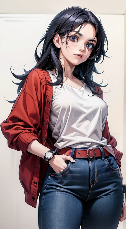 Kurenai del anime Naruto, pelo negro, Pelo largo, ojos rojos, usando rímel, cuerpo perfecto, pechos perfectos, mujer bonita, muy bonito, vistiendo una camisa blanca, usando una rebeca roja, vaqueros, usando una bolsa, usando un reloj, usando aretes, were En el centro comercial, En el centro comercial, realismo, Obra de arte, Cuero texturizado, súper detallado, alto detalle, alta calidad, mejor calidad, 1080p, alta definición, 16k