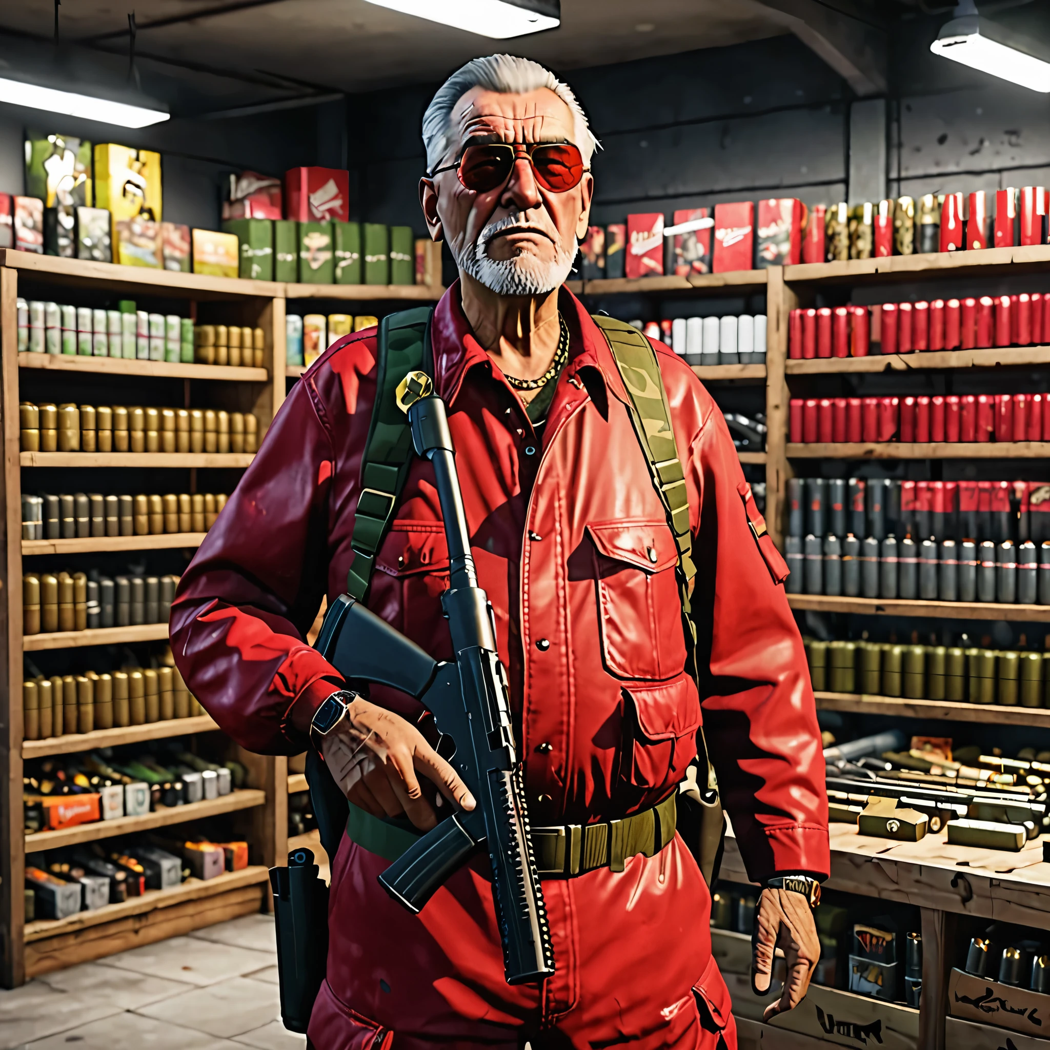 An old man with a war face and a cigar, dressed in red camouflage military clothing, surrounded by bullets,He's in a gun store  ,style grand theft auto, portair hd